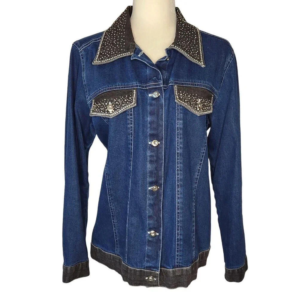 Vintage Y2K 2000s Quacker Factory Denim Jean Jacket Small Studded Collar Sequin